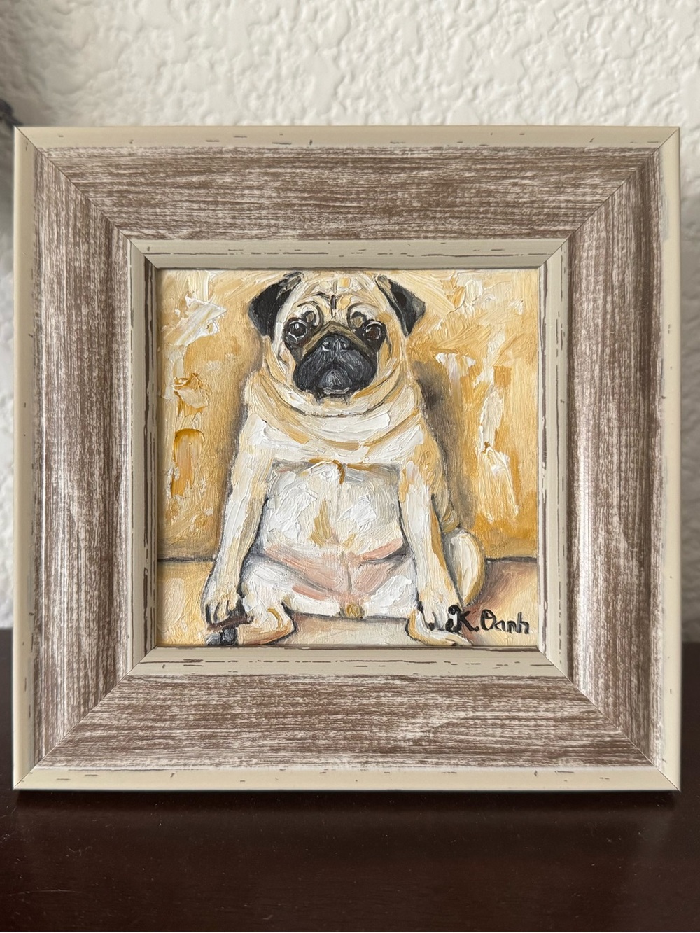 Original oil painting pug dog portrait signed framed 4x4
